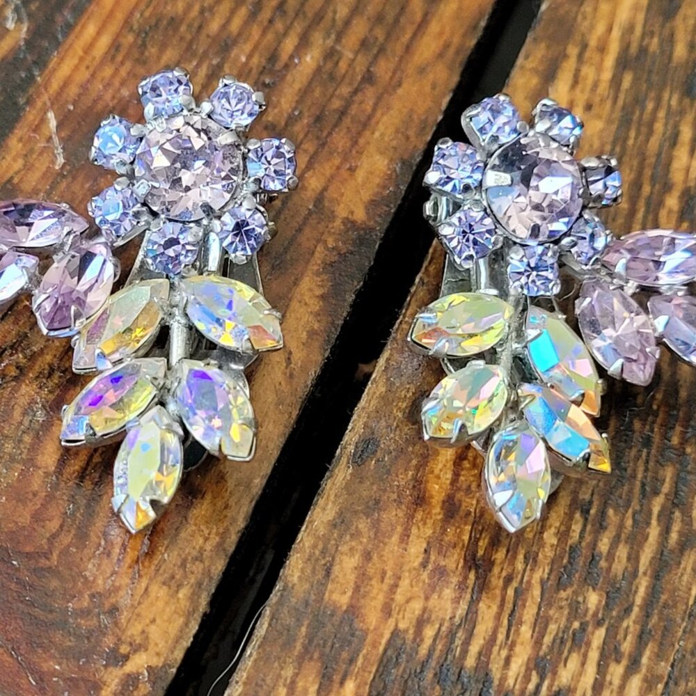 Signed Sherman Floral and Leaf Shaped Lavender Swarovski Rhinestones AB Aurora B